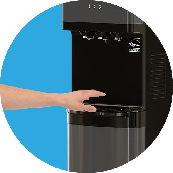A person’s hand reaches toward the touchless sensor area of a black and silver water dispenser against a blue and white background.
